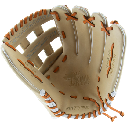 The Marucci Acadia 97R3 12.5" Fastpitch Glove (MFG3AC97R3FP-CM) features orange stitching and an H-Web design.