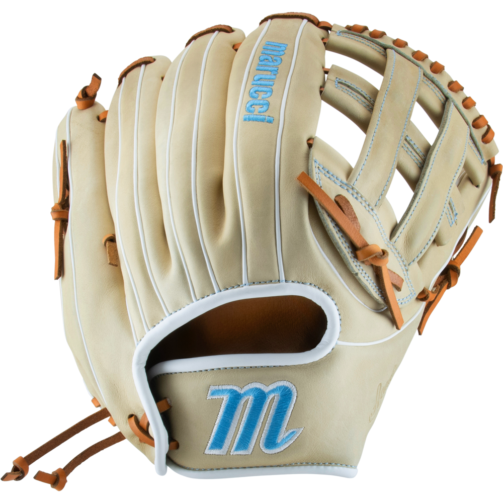 The Marucci Acadia 97R3 12.5" Fastpitch Glove (MFG3AC97R3FP-CM) features an H-Web design and a bold logo, ideal for serious fastpitch players.