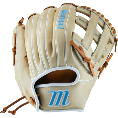 The Marucci Acadia 97R3 12.5" Fastpitch Glove (MFG3AC97R3FP-CM) features an H-Web design and a bold logo, ideal for serious fastpitch players.