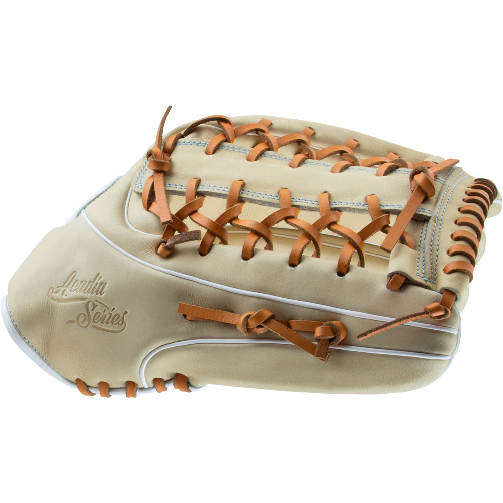 The Marucci Acadia 99R4 13" Fastpitch Glove (MFG3AC99R4FP-CM) features beige leather, tan laces, white stitching, a T-Web, and "Acuna Series" embossed on the side. The Marucci glove is shown against a white background.