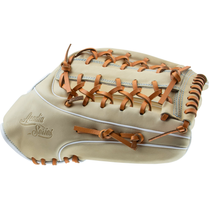 The Marucci Acadia 99R4 13" Fastpitch Glove (MFG3AC99R4FP-CM) features beige leather, tan laces, white stitching, a T-Web, and "Acuna Series" embossed on the side. The Marucci glove is shown against a white background.
