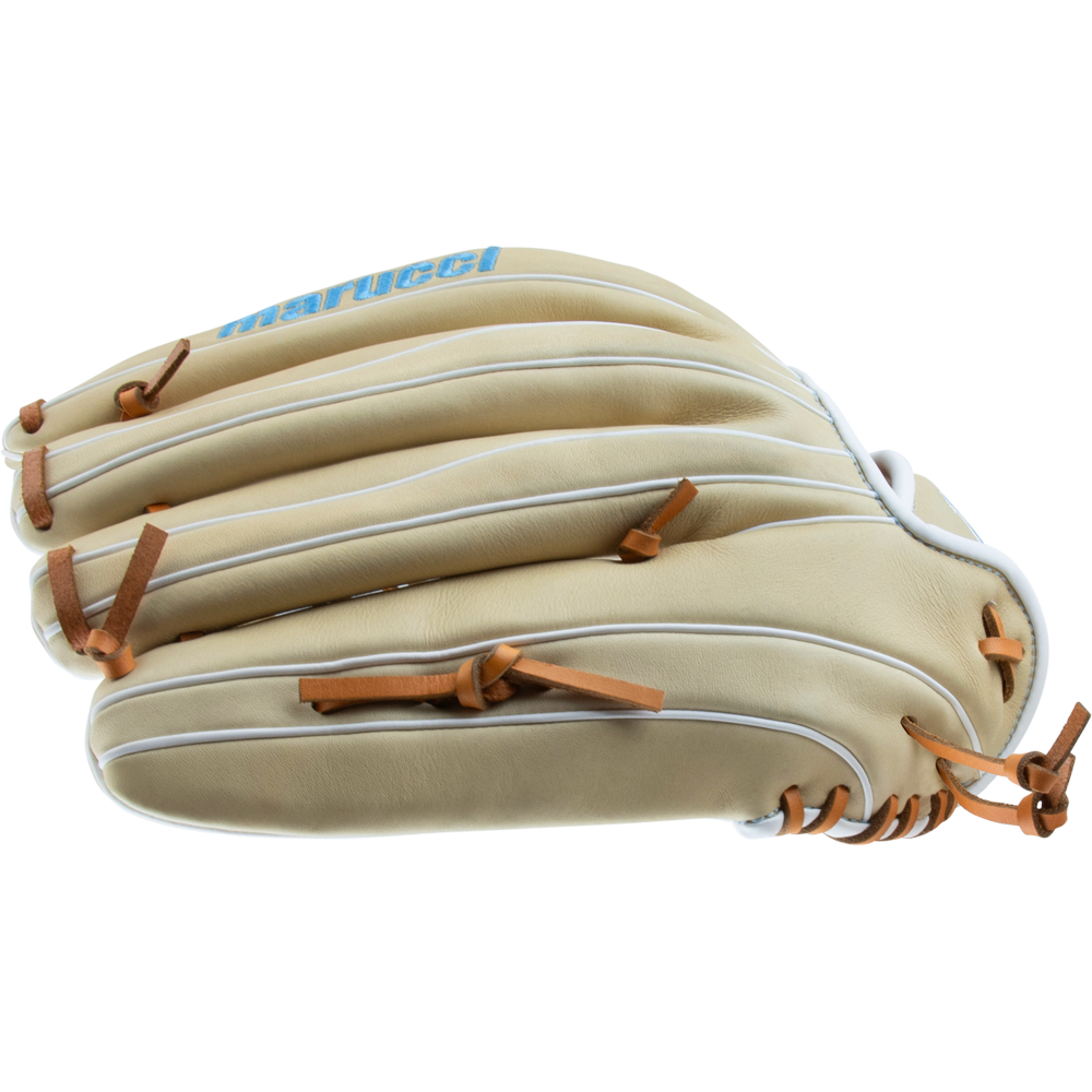 The Marucci Acadia 99R4 13" Fastpitch Glove (MFG3AC99R4FP-CM) features a tan T-Web design, white piping, brown leather laces, and blue Marucci branding on the wrist, shown from a side angle against a white background.