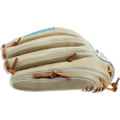 The Marucci Acadia 99R4 13" Fastpitch Glove (MFG3AC99R4FP-CM) features a tan T-Web design, white piping, brown leather laces, and blue Marucci branding on the wrist, shown from a side angle against a white background.