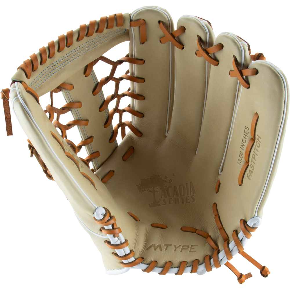 The Marucci Acadia 99R4 13" Fastpitch Glove (MFG3AC99R4FP-CM) features light tan leather with brown laces, ACADIA SERIES and M TYPE on the palm, and a wide open T-Web—ideal for outfielders catching fastpitch softballs.