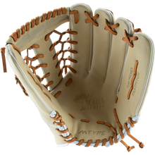 The Marucci Acadia 99R4 13" Fastpitch Glove (MFG3AC99R4FP-CM) features light tan leather with brown laces, ACADIA SERIES and M TYPE on the palm, and a wide open T-Web—ideal for outfielders catching fastpitch softballs.
