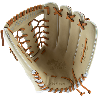 The Marucci Acadia 99R4 13" Fastpitch Glove (MFG3AC99R4FP-CM) features light tan leather with brown laces, ACADIA SERIES and M TYPE on the palm, and a wide open T-Web—ideal for outfielders catching fastpitch softballs.