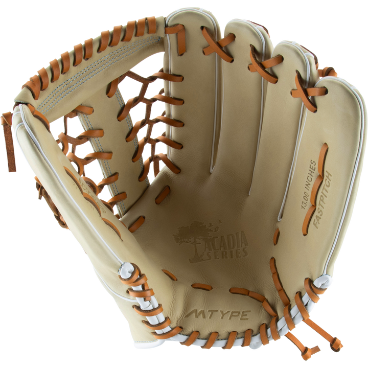 The Marucci Acadia 99R4 13" Fastpitch Glove (MFG3AC99R4FP-CM) features light tan leather with brown laces, ACADIA SERIES and M TYPE on the palm, and a wide open T-Web—ideal for outfielders catching fastpitch softballs.