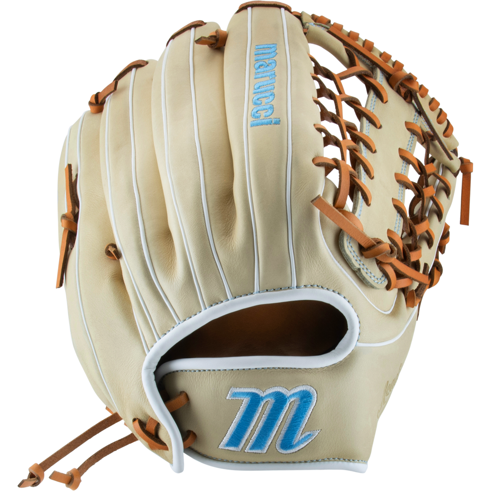 The Marucci Acadia 99R4 13" Fastpitch Glove (MFG3AC99R4FP-CM) features tan leather, brown laces, white trim, blue “Marucci” on the T-Web, and a large blue “M” on the thumb—ideal for outfielders.