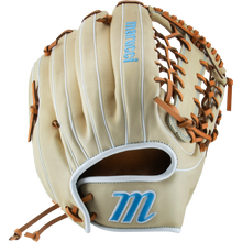The Marucci Acadia 99R4 13" Fastpitch Glove (MFG3AC99R4FP-CM) features tan leather, brown laces, white trim, blue “Marucci” on the T-Web, and a large blue “M” on the thumb—ideal for outfielders.