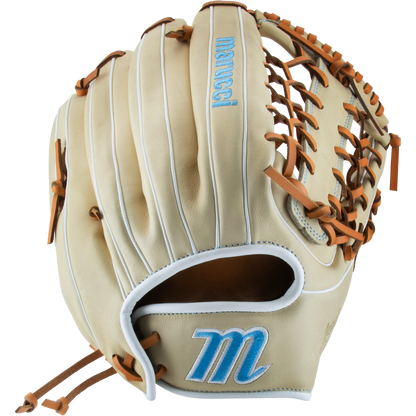 The Marucci Acadia 99R4 13" Fastpitch Glove (MFG3AC99R4FP-CM) features tan leather, brown laces, white trim, blue “Marucci” on the T-Web, and a large blue “M” on the thumb—ideal for outfielders.