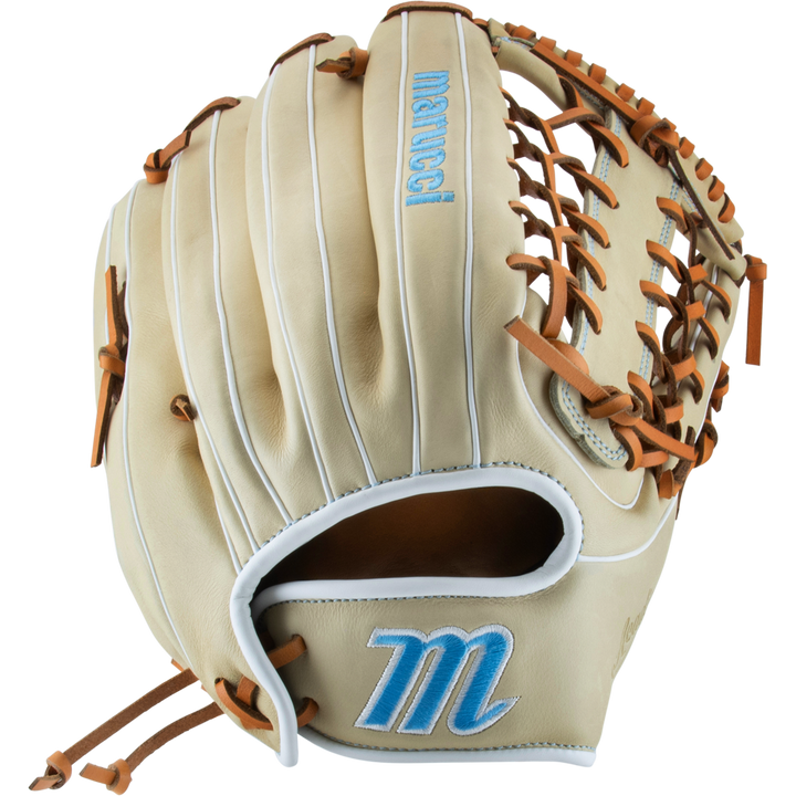 The Marucci Acadia 99R4 13" Fastpitch Glove (MFG3AC99R4FP-CM) features tan leather, brown laces, white trim, blue “Marucci” on the T-Web, and a large blue “M” on the thumb—ideal for outfielders.