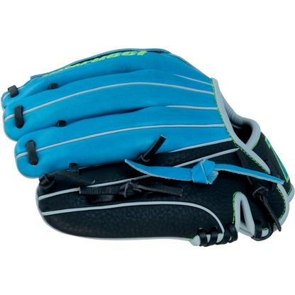 The Marucci Caddo 10.5" Baseball Glove (MFG3CD105-SB/BK) by Marucci features a blue and black design with white and green accents, made of full-grain cowhide leather, shown closed from the side on a white background.