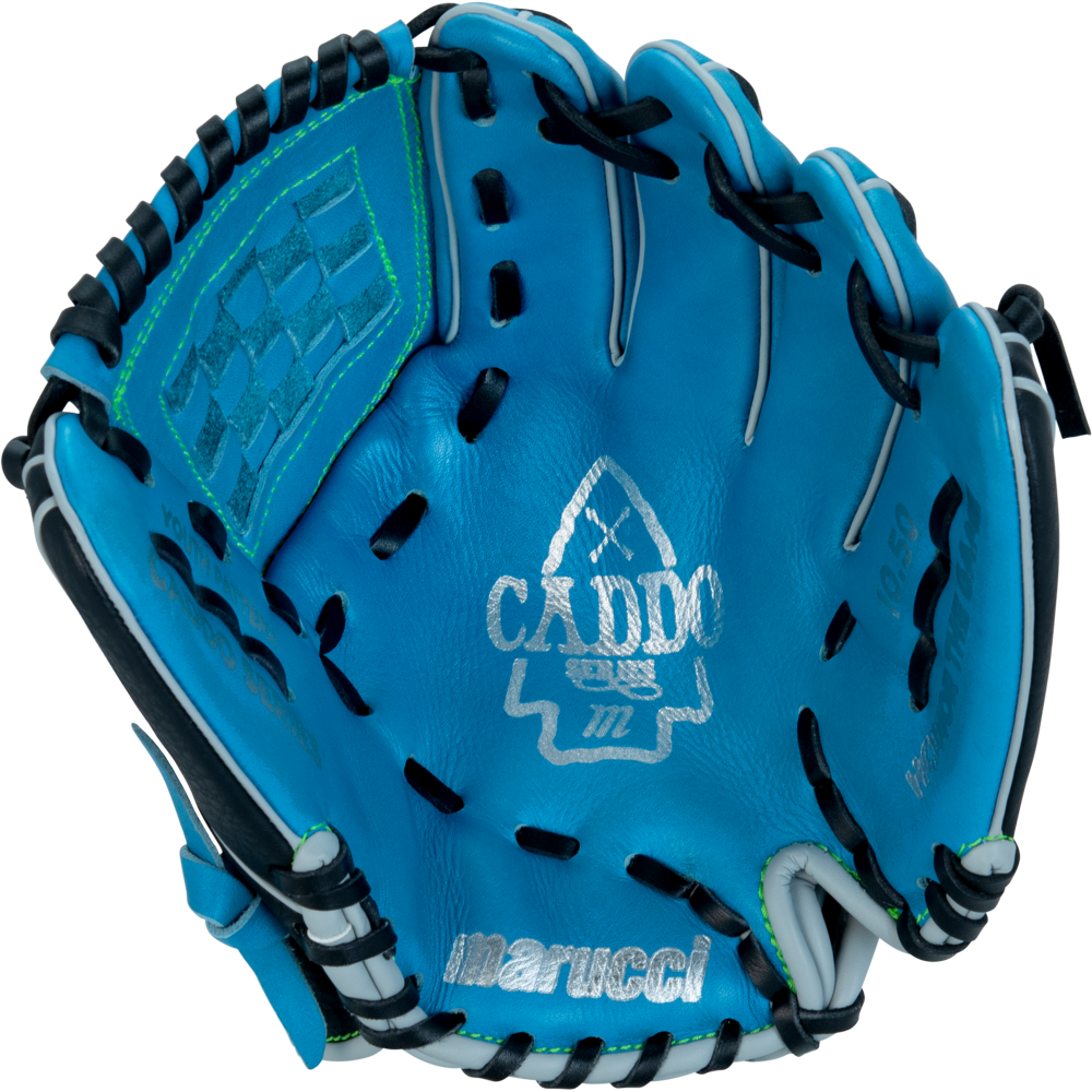 The Marucci Caddo 10.5" Youth Baseball Glove features full-grain cowhide leather in blue with black and white lacing, a Caddo logo and graphic on the palm, adjustable fit, and Marucci branding near the wrist for comfort and style.