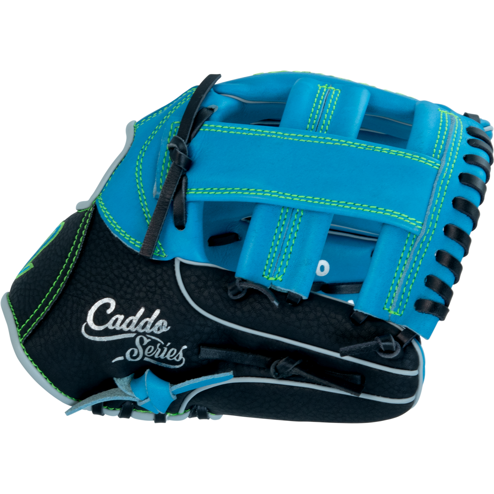 The Marucci Caddo 11" Baseball Glove (MFG3CD110-SB/BK) features blue and black full-grain cowhide leather with green stitching, black laces, white trim accents, and is ideal for infield youth players.