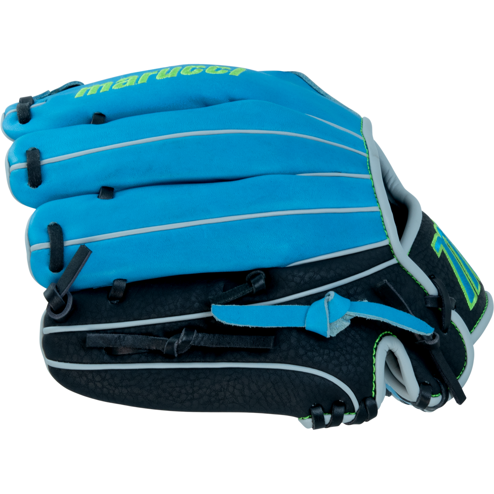 The Marucci Caddo 11" Baseball Glove (MFG3CD110-SB/BK) features full-grain cowhide leather in blue and black with white and green accents, displayed from the side with closed fingers and partially visible webbing.