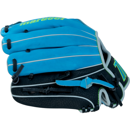 The Marucci Caddo 11" Baseball Glove (MFG3CD110-SB/BK) features full-grain cowhide leather in blue and black with white and green accents, displayed from the side with closed fingers and partially visible webbing.