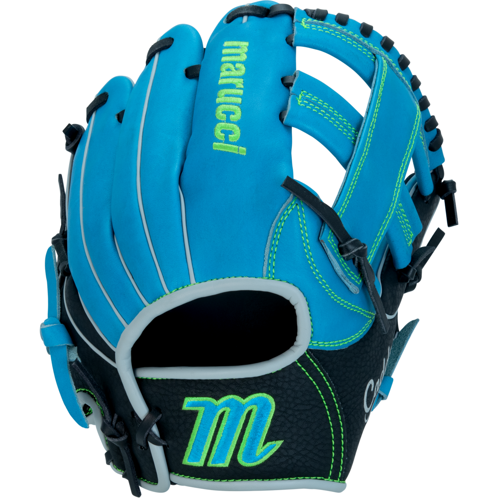 The Marucci Caddo 11" Youth Baseball Glove (MFG3CD110-SB/BK) is blue and black with green stitching and accents, crafted from full-grain cowhide, and features a bright green M logo—perfect for young players seeking standout style.