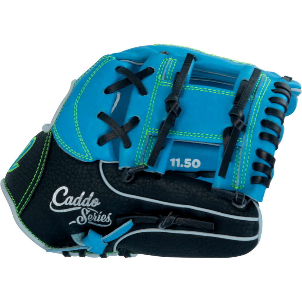 The Marucci Caddo 11.5″ Baseball Glove (MFG3CD115-SB/BK) features blue and black full-grain cowhide leather with green stitching, “Caddo Series 11.50” printed on the side, and is displayed in a closed position to highlight its adjustable fit.