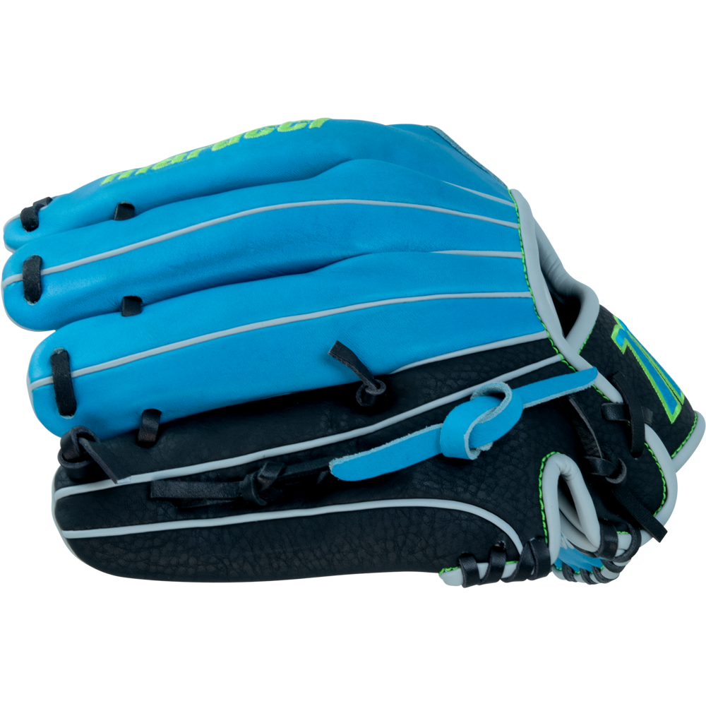 The Marucci Caddo 11.5″ Baseball Glove (MFG3CD115-SB/BK) by Marucci is displayed on a white background, featuring a stylish blue and black design with white and neon green accents. Crafted from durable full-grain cowhide leather, this glove offers enhanced performance and includes an adjustable fit to ensure comfort and flexibility for youth athletes.