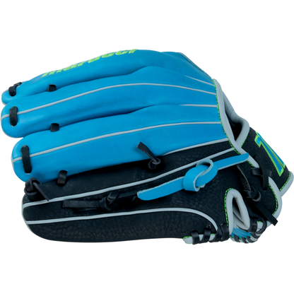The Marucci Caddo 11.5″ Baseball Glove (MFG3CD115-SB/BK) by Marucci is displayed on a white background, featuring a stylish blue and black design with white and neon green accents. Crafted from durable full-grain cowhide leather, this glove offers enhanced performance and includes an adjustable fit to ensure comfort and flexibility for youth athletes.