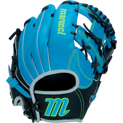 The Marucci Caddo 11.5″ Baseball Glove: MFG3CD115-SB/BK features a blue and black design with green and white stitching, crafted from full-grain cowhide leather. The glove displays the Marucci logo on the wrist and top, and is designed with an adjustable fit for comfort and performance.