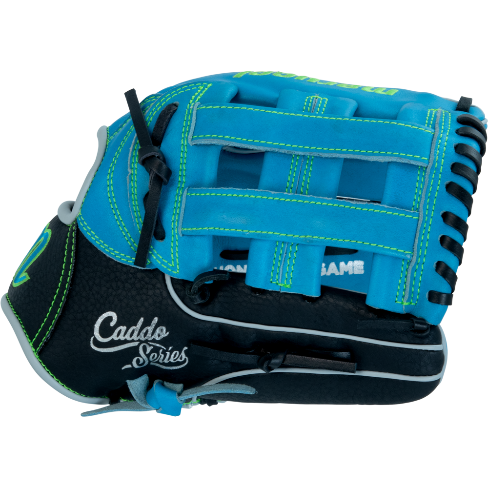 The Marucci Caddo 12" Baseball Glove (MFG3CD120-SB/BK) features a blue and black design with neon green stitching, full-grain cowhide leather, "Caddo Series" branding, and a webbed pocket for versatile play.