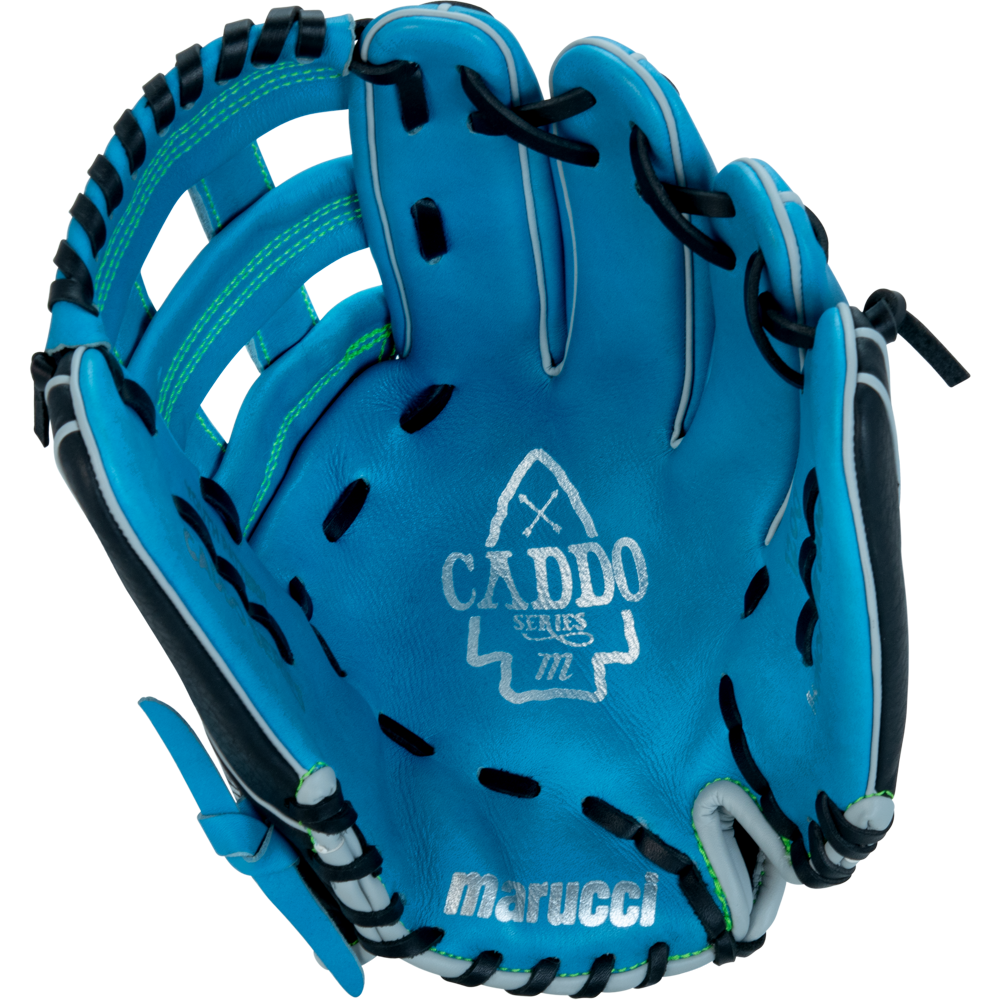 The Marucci Caddo 12" Baseball Glove (MFG3CD120-SB/BK) features a turquoise and black design, full-grain cowhide leather construction, visible stitching, and Marucci branding inside the palm.