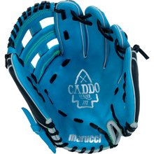The Marucci Caddo 12" Baseball Glove (MFG3CD120-SB/BK) features a turquoise and black design, full-grain cowhide leather construction, visible stitching, and Marucci branding inside the palm.