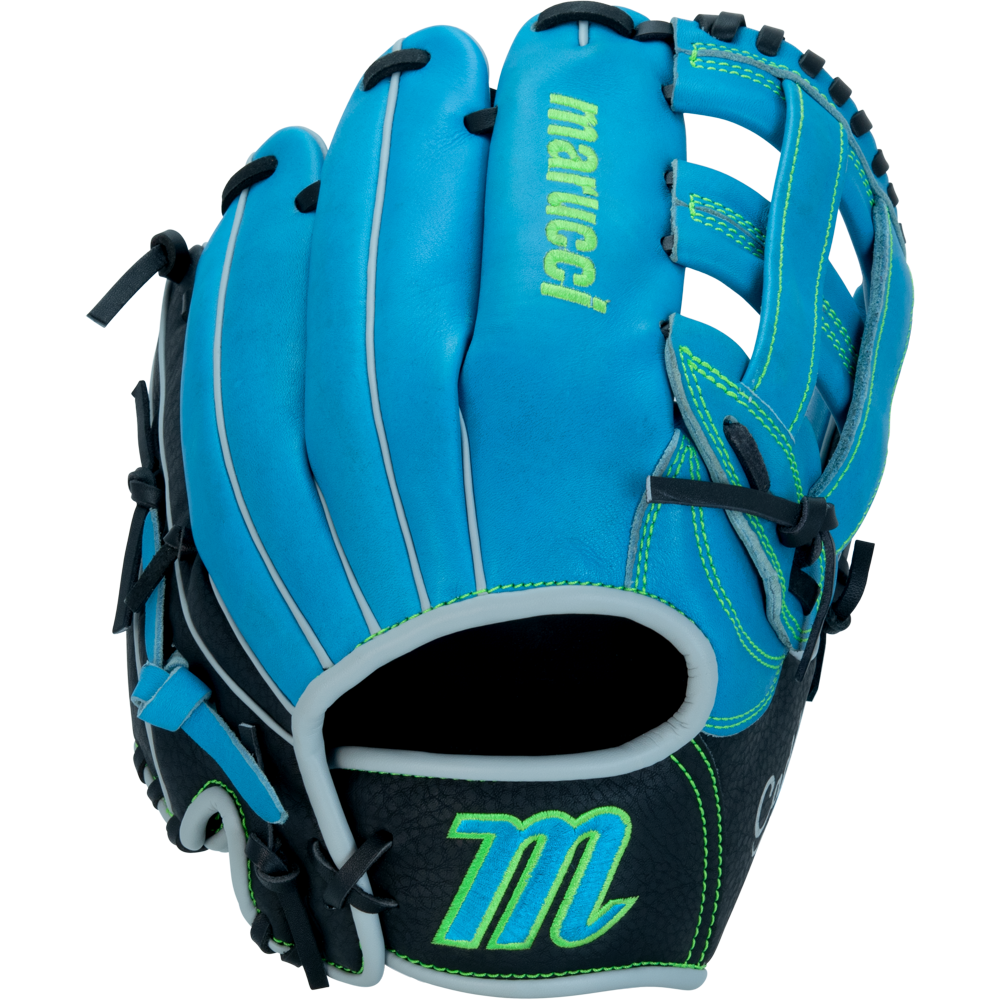 The Marucci Caddo 12" Baseball Glove (MFG3CD120-SB/BK) is a blue and black youth glove with green stitching, bright green Marucci lettering, white wrist trim, full-grain cowhide leather, and an open web design for infield or outfield use.