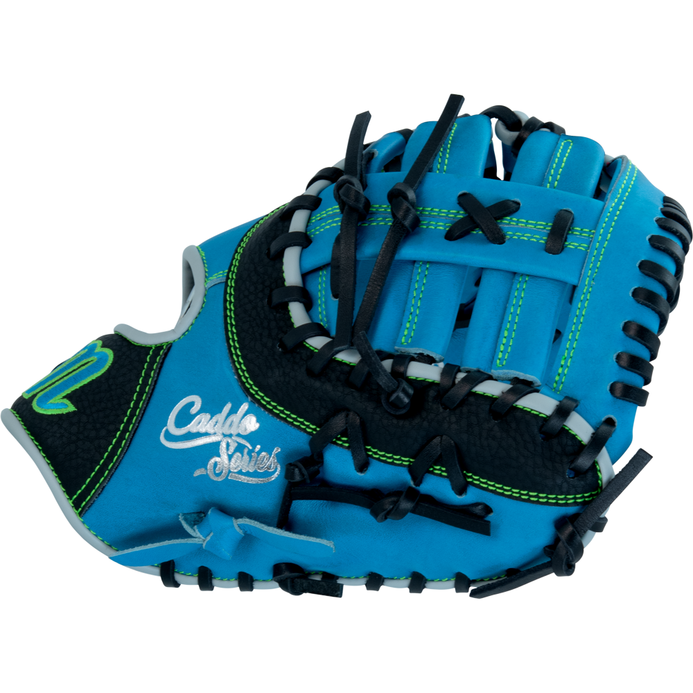 The Marucci Caddo 12" Baseball First Base Mitt (MFG3CD12FB-SB/BK) features a bright blue and black design, full-grain cowhide leather, green stitching, black laces, open web, and "Caddo Series" embroidery.