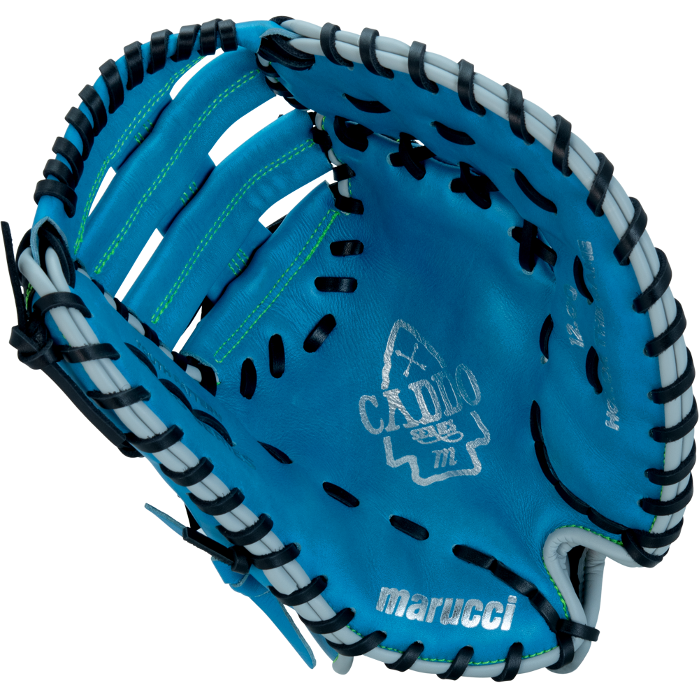 The Marucci Caddo 12" Baseball First Base Mitt (MFG3CD12FB-SB/BK) is a bright blue youth glove with black and white laces, green accents, and detailed stitching, crafted from full-grain cowhide leather and displaying the Marucci logo on the palm.