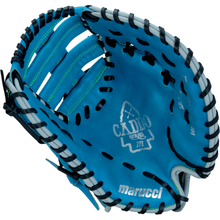 The Marucci Caddo 12" Baseball First Base Mitt (MFG3CD12FB-SB/BK) is a bright blue youth glove with black and white laces, green accents, and detailed stitching, crafted from full-grain cowhide leather and displaying the Marucci logo on the palm.