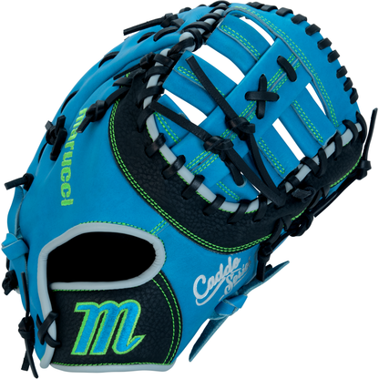 The Marucci Caddo 12" Baseball First Base Mitt (MFG3CD12FB-SB/BK) is a blue and black youth glove made from premium full-grain cowhide leather.