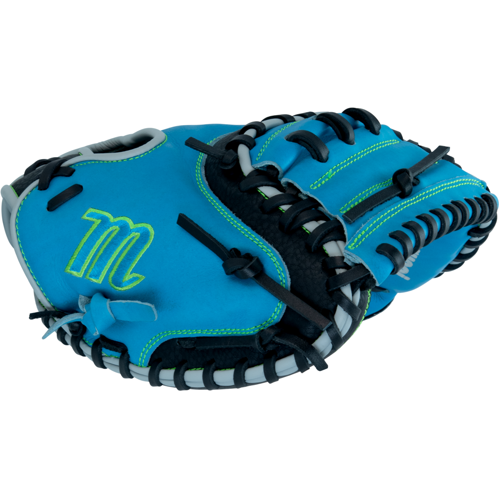 The Marucci Caddo 31" Baseball Catcher's Mitt (MFG3CD310-SB/BK) features a bright blue design with black and white lacing, neon green stitching, a stylized M logo, youth-tapered fit, and durable full-grain cowhide leather.