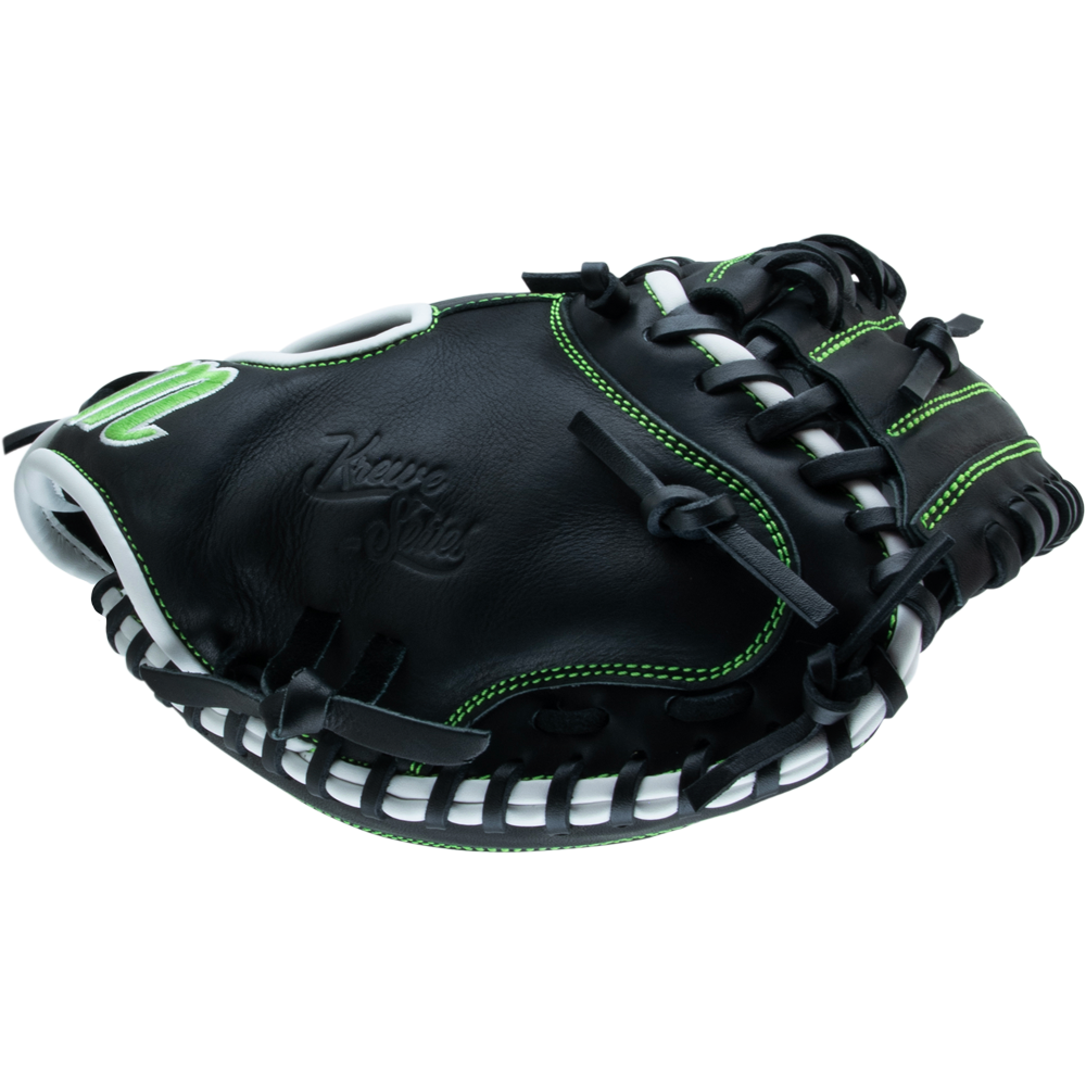 The Marucci Krewe 225C1 32.5" Baseball Catcher's Mitt (MFG3KR225C1) features black cowhide leather with green stitching, white accents, embossed palm branding, the M Type fit system, and an open web design.