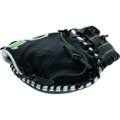 The Marucci Krewe 225C1 32.5" Baseball Catcher's Mitt (MFG3KR225C1) features black cowhide leather with green stitching, white accents, embossed palm branding, the M Type fit system, and an open web design.