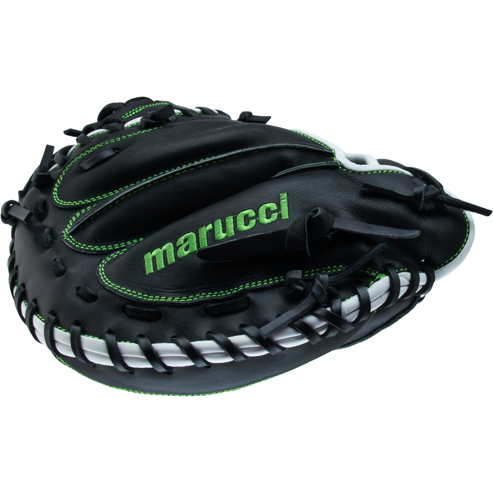 The Marucci Krewe 225C1 32.5" Catcher's Mitt (MFG3KR225C1) features black premium cowhide leather, green stitching and lettering, a webbed pocket, black laces, and the M Type fit system—all set against a white background.