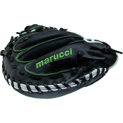 The Marucci Krewe 225C1 32.5" Catcher's Mitt (MFG3KR225C1) features black premium cowhide leather, green stitching and lettering, a webbed pocket, black laces, and the M Type fit system—all set against a white background.