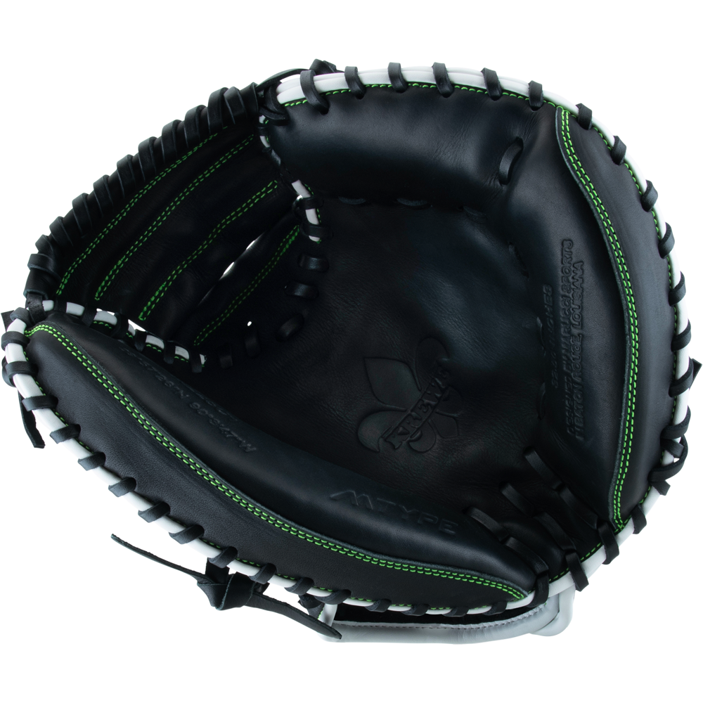 The Marucci Krewe 225C1 32.5" Baseball Catcher's Mitt (MFG3KR225C1) is a black premium cowhide catcher's mitt by Marucci, featuring white laces, green stitching, and an M Type fit system, shown open against a white background.
