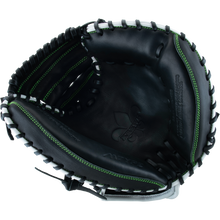 The Marucci Krewe 225C1 32.5" Baseball Catcher's Mitt (MFG3KR225C1) is a black premium cowhide catcher's mitt by Marucci, featuring white laces, green stitching, and an M Type fit system, shown open against a white background.