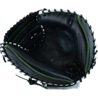The Marucci Krewe 225C1 32.5" Baseball Catcher's Mitt (MFG3KR225C1) is a black premium cowhide catcher's mitt by Marucci, featuring white laces, green stitching, and an M Type fit system, shown open against a white background.