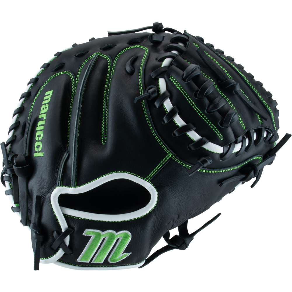 The Marucci Krewe 225C1 32.5" Catcher's Mitt (MFG3KR225C1) features black premium cowhide leather, green stitching and accents, white trim, and Marucci logos on the thumb and wrist for lasting performance.