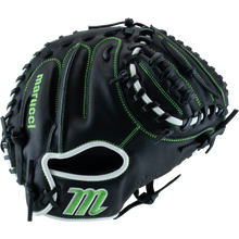 The Marucci Krewe 225C1 32.5" Catcher's Mitt (MFG3KR225C1) features black premium cowhide leather, green stitching and accents, white trim, and Marucci logos on the thumb and wrist for lasting performance.