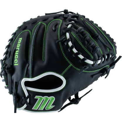 The Marucci Krewe 225C1 32.5" Catcher's Mitt (MFG3KR225C1) features black premium cowhide leather, green stitching and accents, white trim, and Marucci logos on the thumb and wrist for lasting performance.