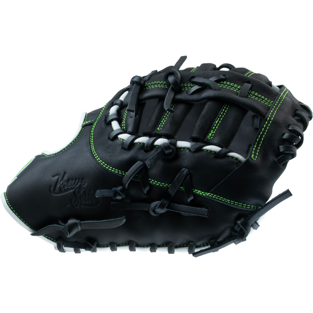 The Marucci Krewe 37S1 12.5" First Base Mitt features black premium cowhide leather with green stitching, black laces, and embossed branding, displayed against a white background.