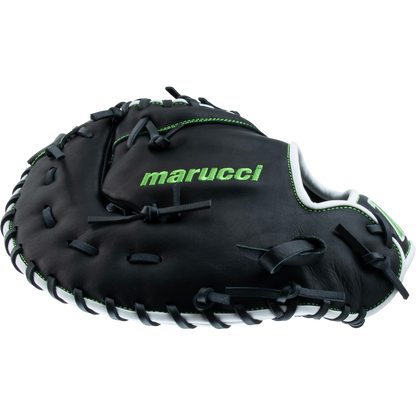 The Marucci Krewe 37S1 12.5" Baseball First Base Mitt (MFG3KR37S1) features black cowhide leather, green stitching, green marucci branding on the palm, black laces, a white interior, and a comfortable tapered fit.