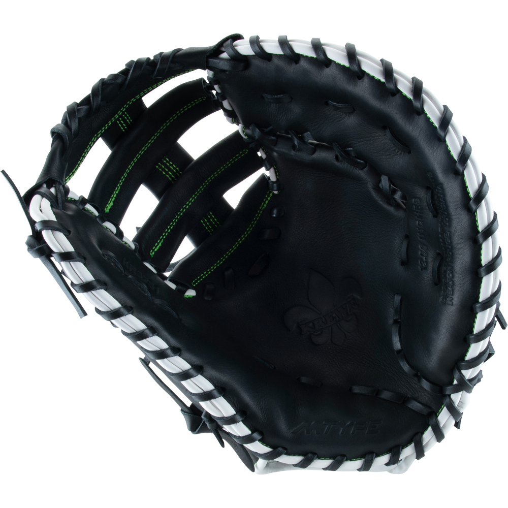 The Marucci Krewe 37S1 12.5" First Base Mitt (MFG3KR37S1) by Marucci features black cowhide leather, white laces, and green stitching, shown open against a plain white background.