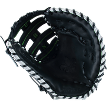 The Marucci Krewe 37S1 12.5" First Base Mitt (MFG3KR37S1) by Marucci features black cowhide leather, white laces, and green stitching, shown open against a plain white background.