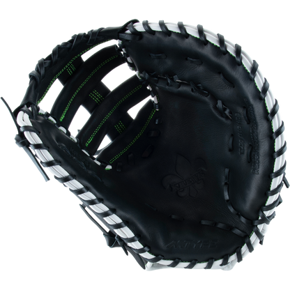 The Marucci Krewe 37S1 12.5" First Base Mitt (MFG3KR37S1) by Marucci features black cowhide leather, white laces, and green stitching, shown open against a plain white background.
