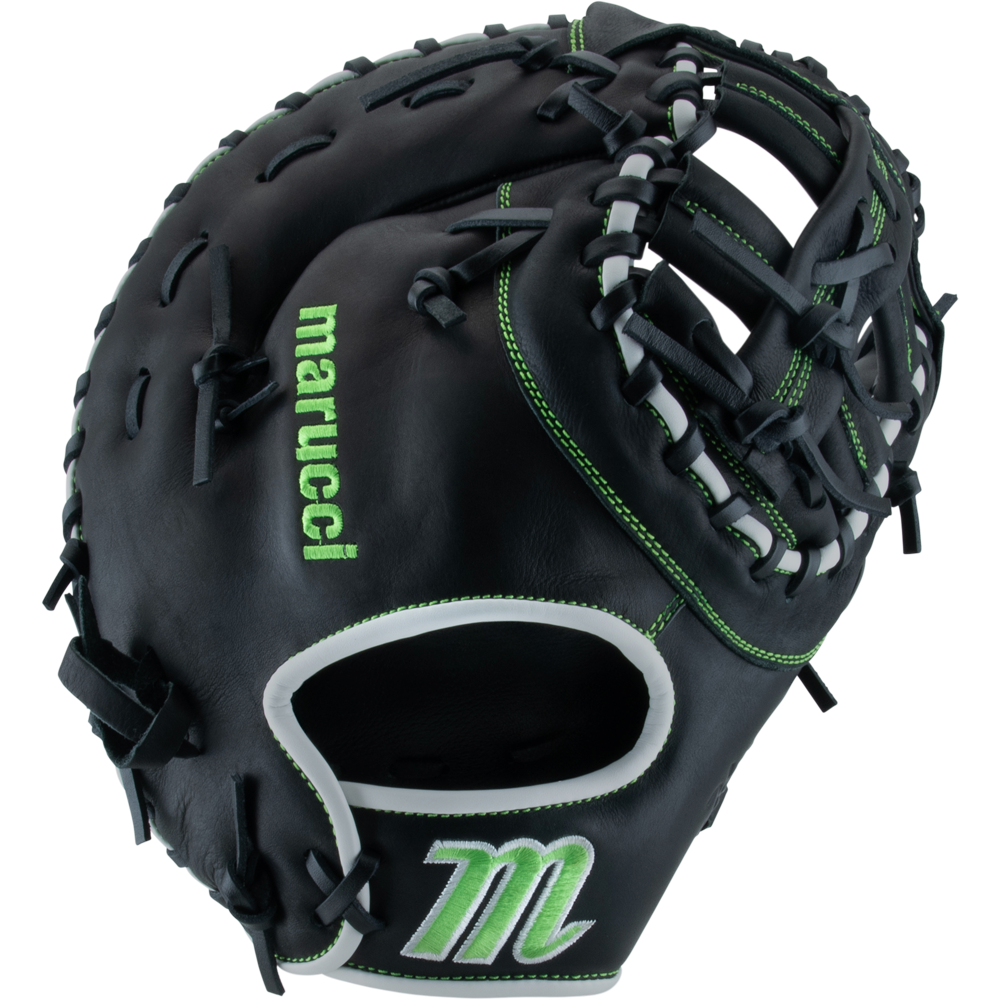 The Marucci Krewe 37S1 12.5" First Base Mitt (MFG3KR37S1) is a black cowhide leather glove with green stitching, “marucci” embroidered in green on the thumb, white wrist accents, a tapered fit, and an M logo near the heel.